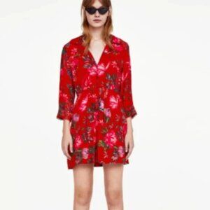 Zara Red Mini Dress M Red Floral Button Down